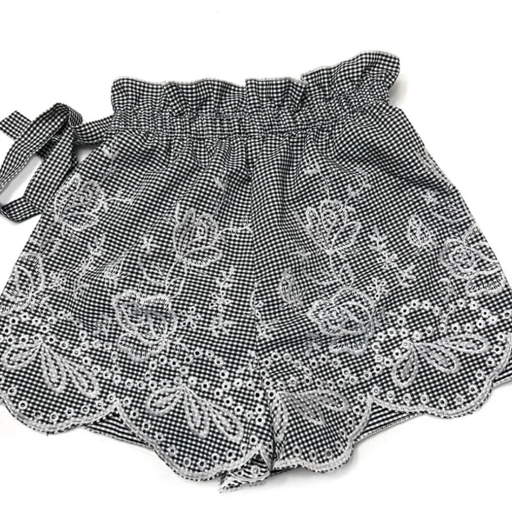Aqua Embroidered Gingham Eyelet Paperbag Skort Skirt XS